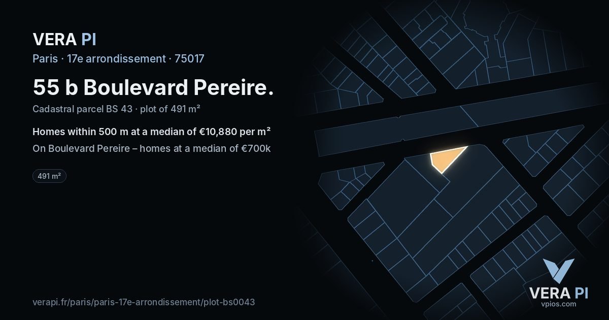 55 b Boulevard Pereire, 17e arrondissement at night – the plot lit, the parcels around coloured by the prices near them