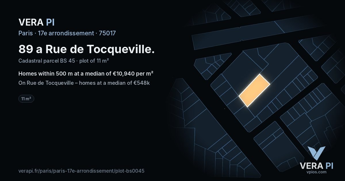 89 a Rue de Tocqueville, 17e arrondissement at night – the plot lit, the parcels around coloured by the prices near them