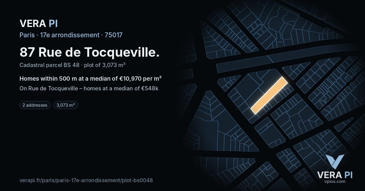 87 Rue de Tocqueville, 17e arrondissement at night – the plot lit, the parcels around coloured by the prices near them