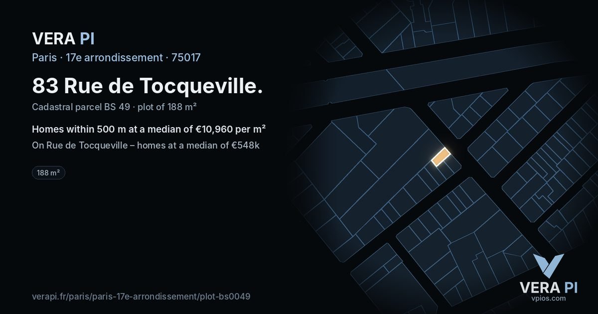 83 Rue de Tocqueville, 17e arrondissement at night – the plot lit, the parcels around coloured by the prices near them