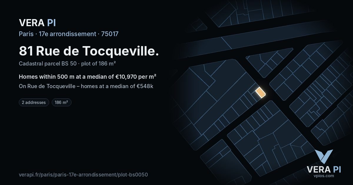 81 Rue de Tocqueville, 17e arrondissement at night – the plot lit, the parcels around coloured by the prices near them