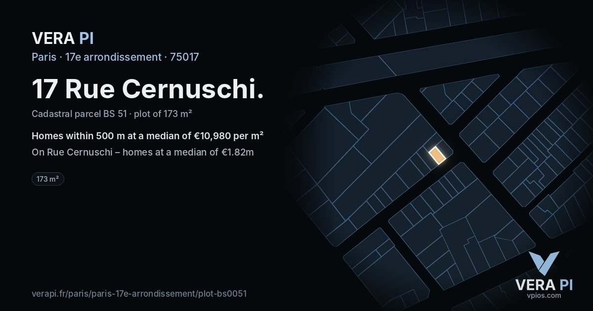 17 Rue Cernuschi, 17e arrondissement at night – the plot lit, the parcels around coloured by the prices near them