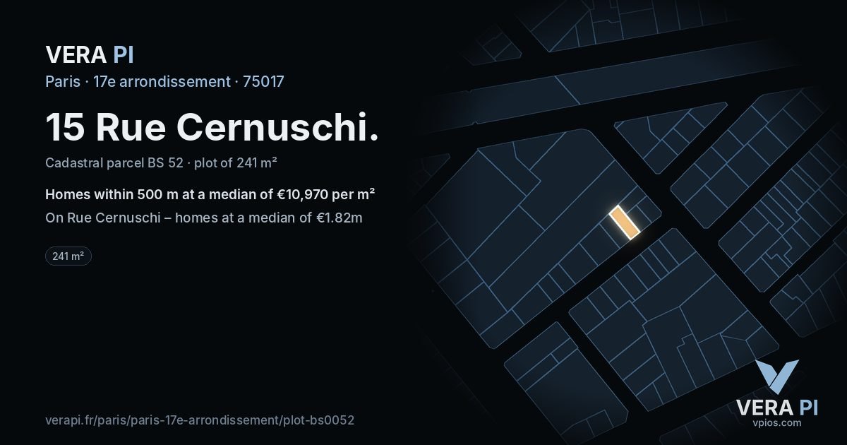 15 Rue Cernuschi, 17e arrondissement at night – the plot lit, the parcels around coloured by the prices near them