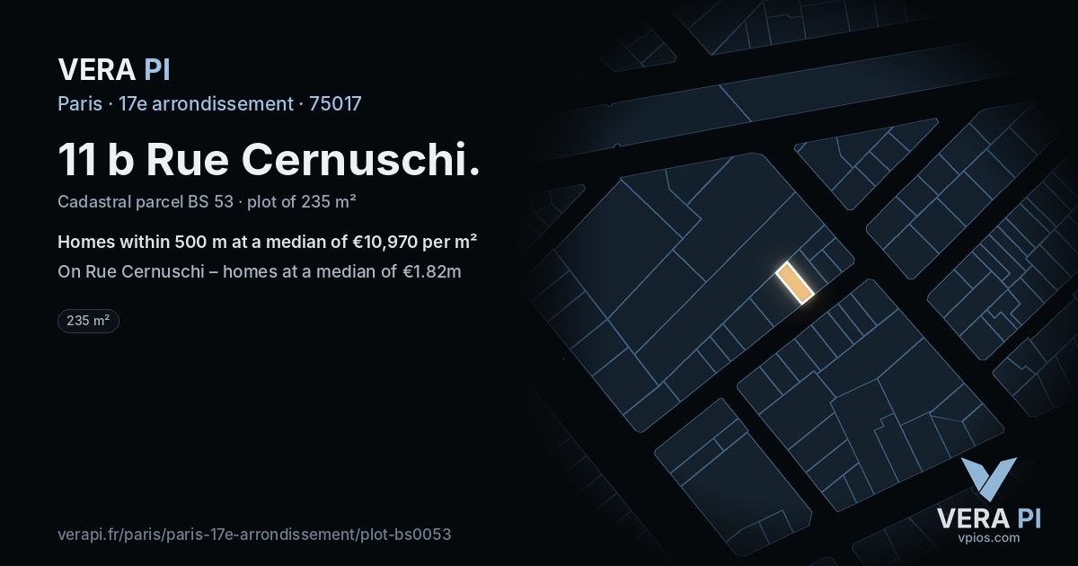 11 b Rue Cernuschi, 17e arrondissement at night – the plot lit, the parcels around coloured by the prices near them