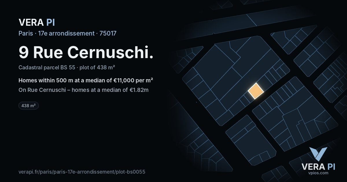 9 Rue Cernuschi, 17e arrondissement at night – the plot lit, the parcels around coloured by the prices near them
