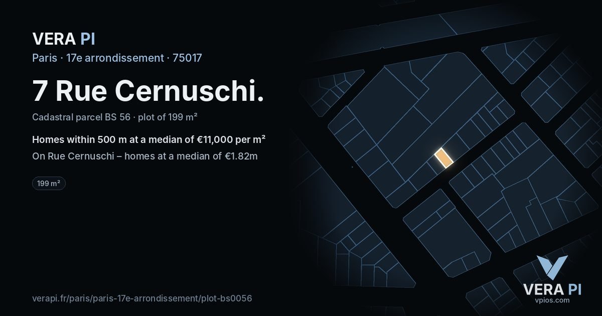 7 Rue Cernuschi, 17e arrondissement at night – the plot lit, the parcels around coloured by the prices near them