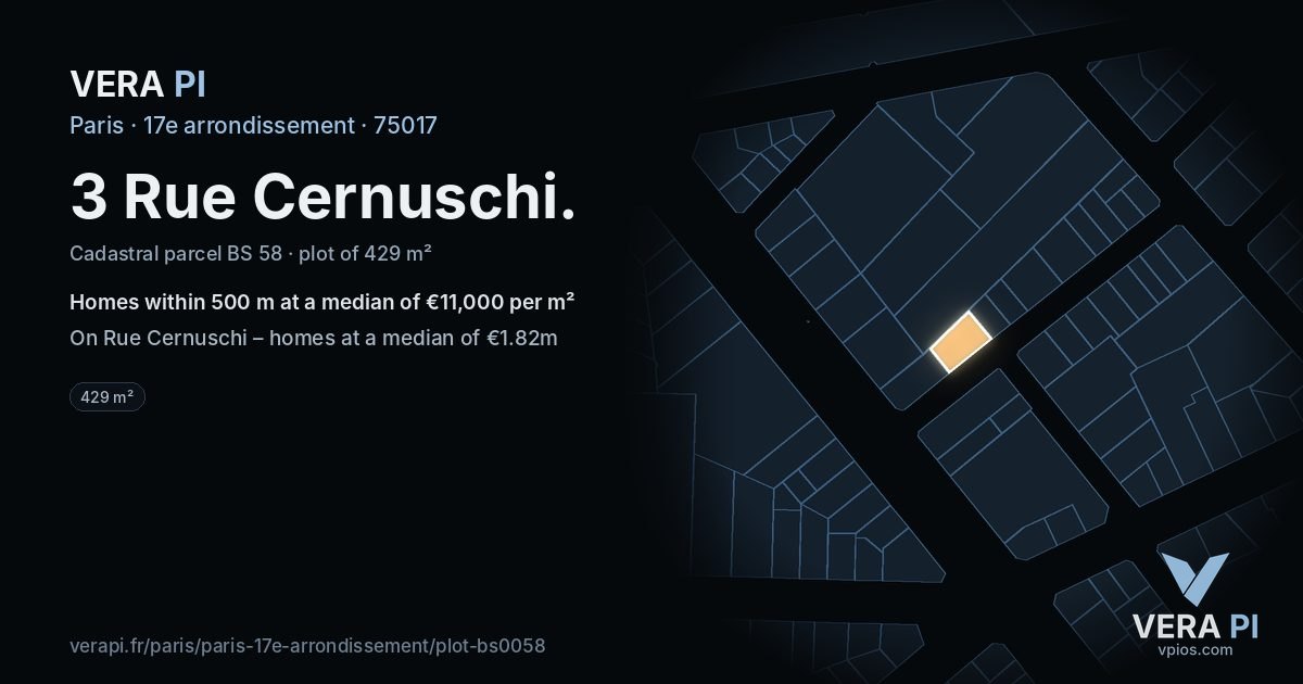 3 Rue Cernuschi, 17e arrondissement at night – the plot lit, the parcels around coloured by the prices near them