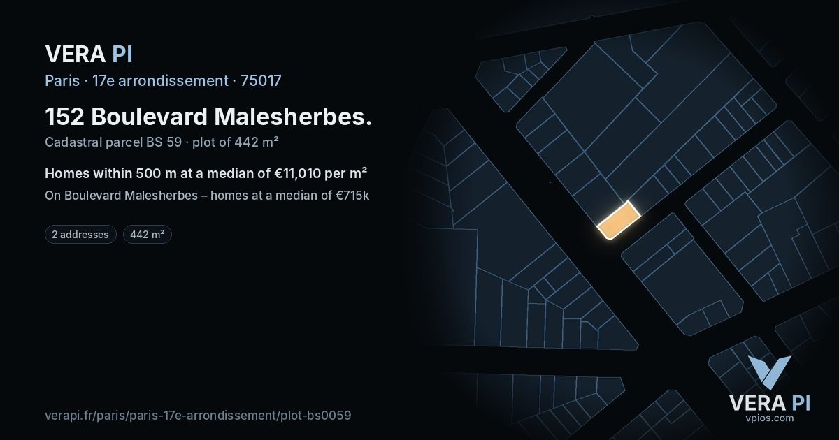 152 Boulevard Malesherbes, 17e arrondissement at night – the plot lit, the parcels around coloured by the prices near them