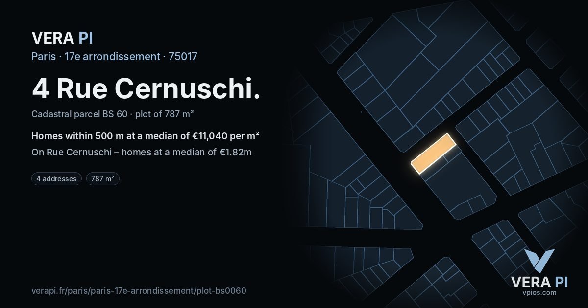 4 Rue Cernuschi, 17e arrondissement at night – the plot lit, the parcels around coloured by the prices near them