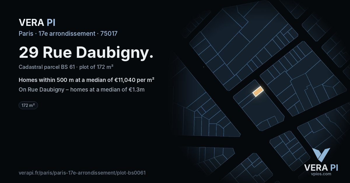 29 Rue Daubigny, 17e arrondissement at night – the plot lit, the parcels around coloured by the prices near them