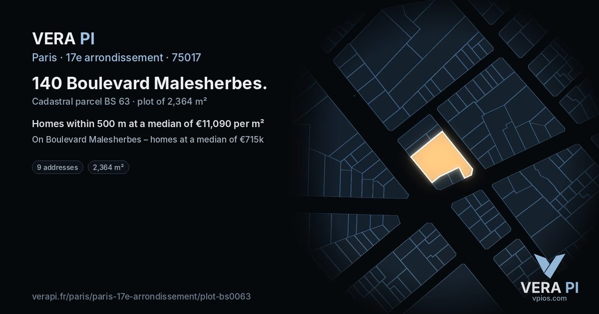 140 Boulevard Malesherbes, 17e arrondissement at night – the plot lit, the parcels around coloured by the prices near them
