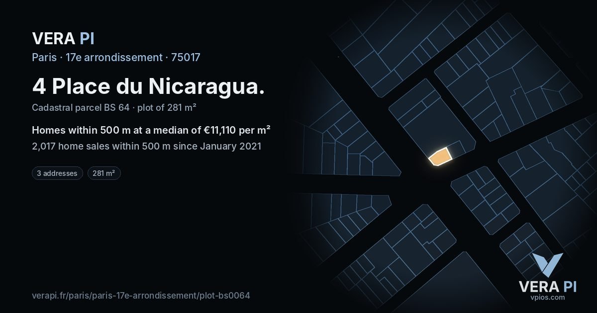 4 Place du Nicaragua, 17e arrondissement at night – the plot lit, the parcels around coloured by the prices near them