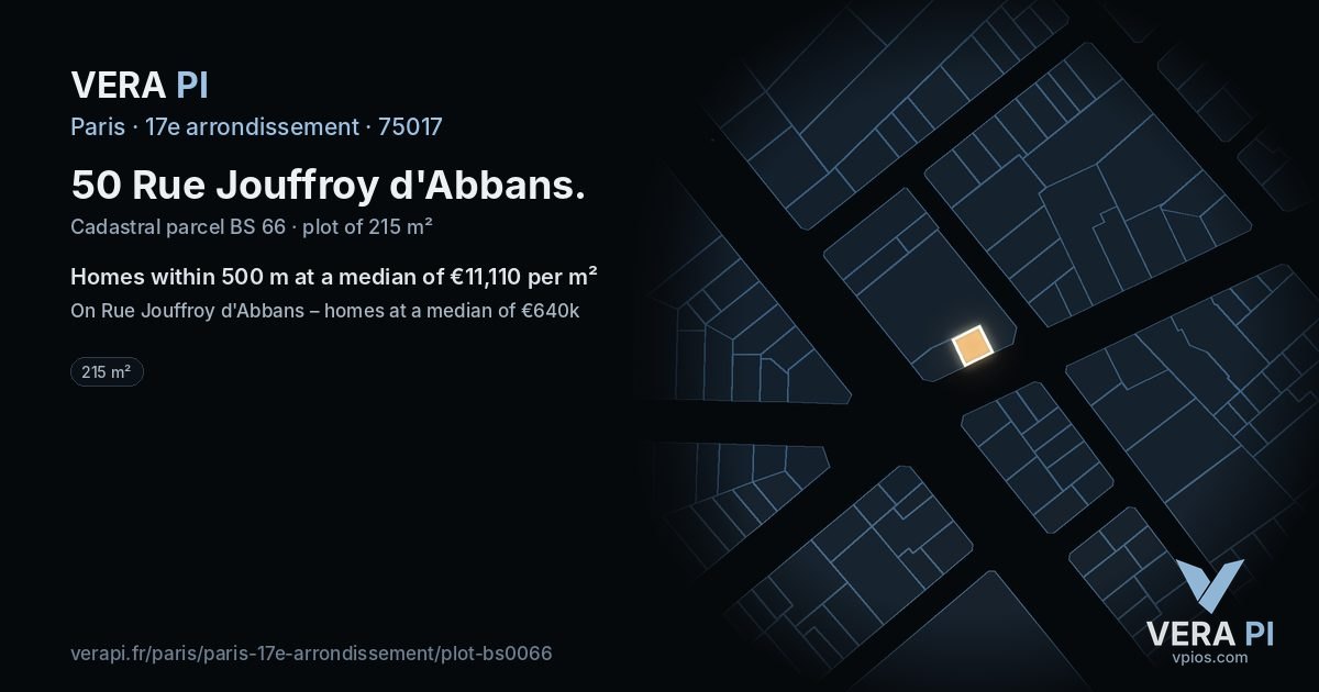 50 Rue Jouffroy d'Abbans, 17e arrondissement at night – the plot lit, the parcels around coloured by the prices near them
