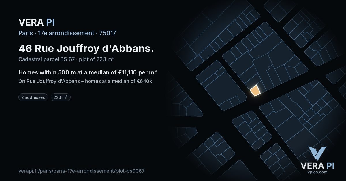 46 Rue Jouffroy d'Abbans, 17e arrondissement at night – the plot lit, the parcels around coloured by the prices near them