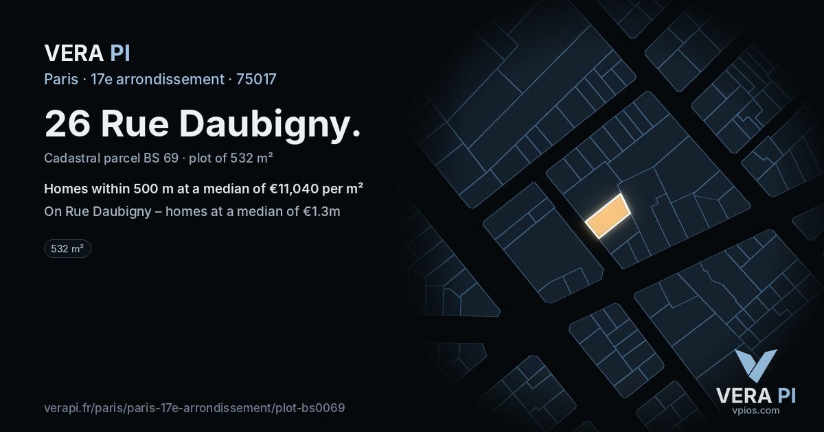 26 Rue Daubigny, 17e arrondissement at night – the plot lit, the parcels around coloured by the prices near them