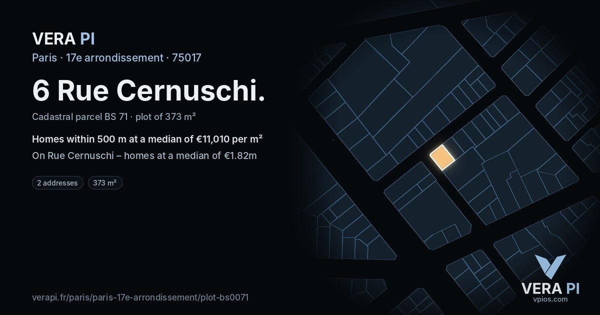 6 Rue Cernuschi, 17e arrondissement at night – the plot lit, the parcels around coloured by the prices near them