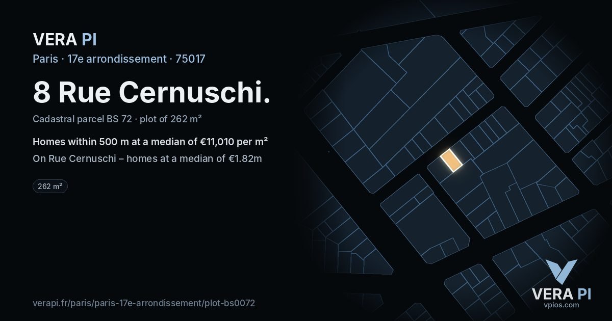 8 Rue Cernuschi, 17e arrondissement at night – the plot lit, the parcels around coloured by the prices near them
