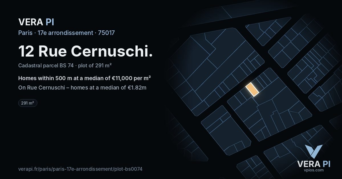 12 Rue Cernuschi, 17e arrondissement at night – the plot lit, the parcels around coloured by the prices near them