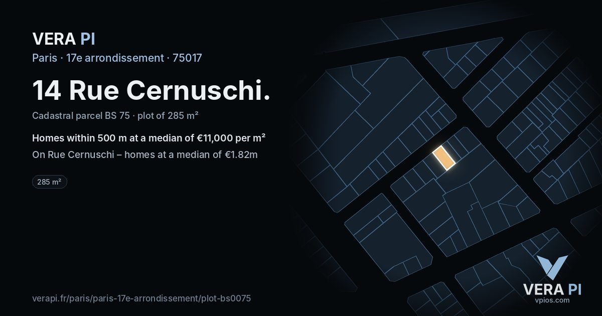 14 Rue Cernuschi, 17e arrondissement at night – the plot lit, the parcels around coloured by the prices near them