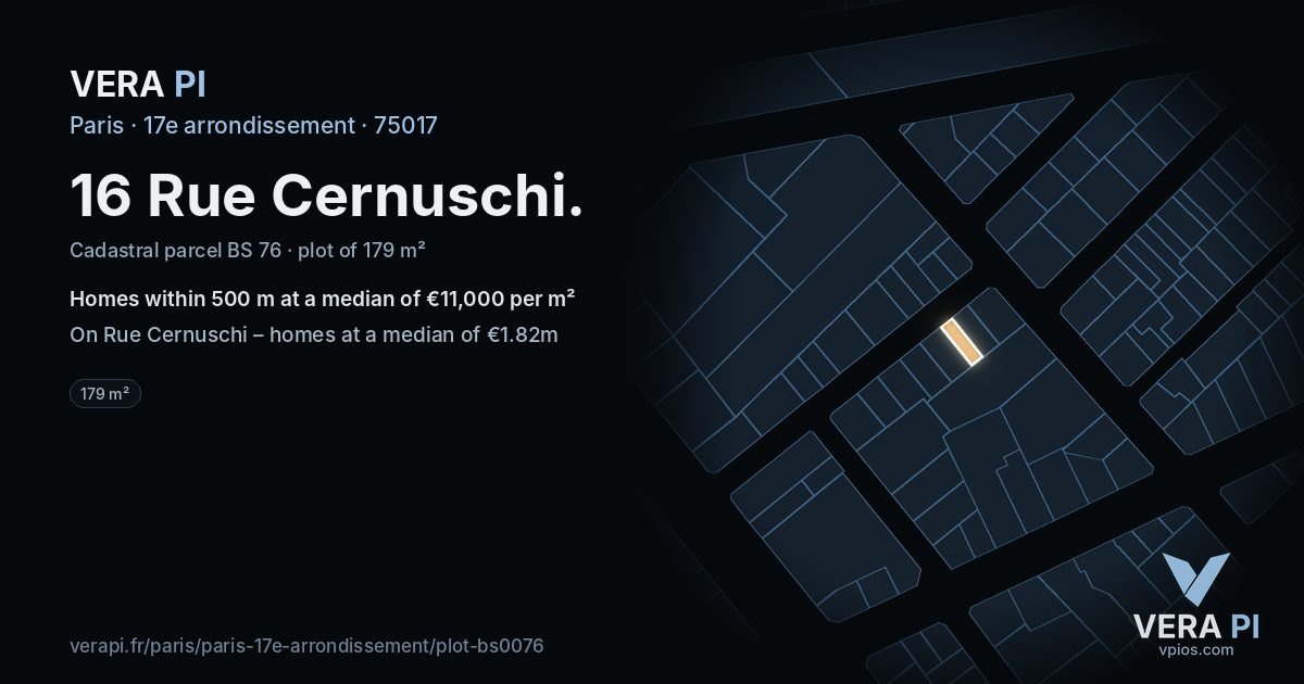 16 Rue Cernuschi, 17e arrondissement at night – the plot lit, the parcels around coloured by the prices near them