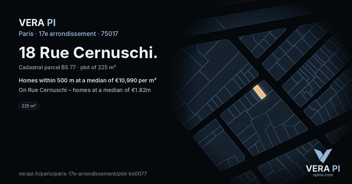 18 Rue Cernuschi, 17e arrondissement at night – the plot lit, the parcels around coloured by the prices near them