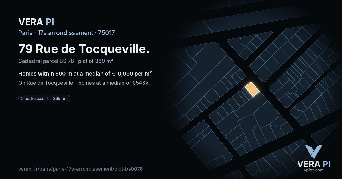 79 Rue de Tocqueville, 17e arrondissement at night – the plot lit, the parcels around coloured by the prices near them
