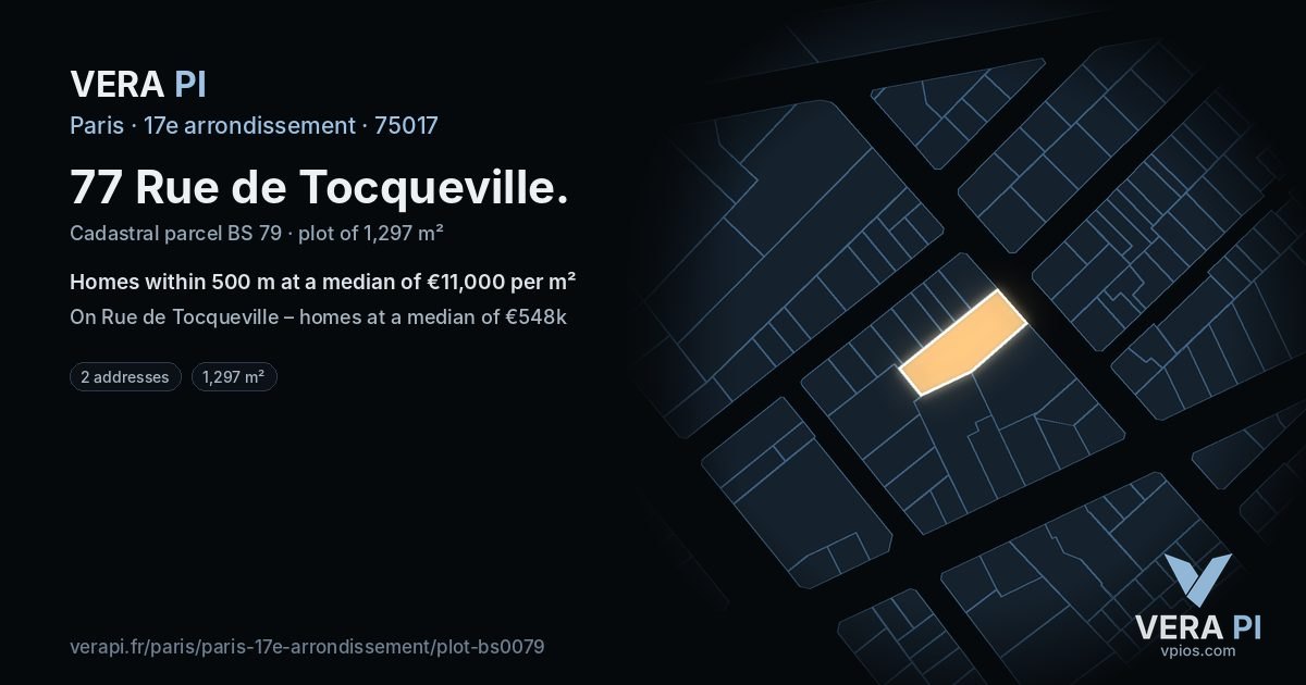 77 Rue de Tocqueville, 17e arrondissement at night – the plot lit, the parcels around coloured by the prices near them