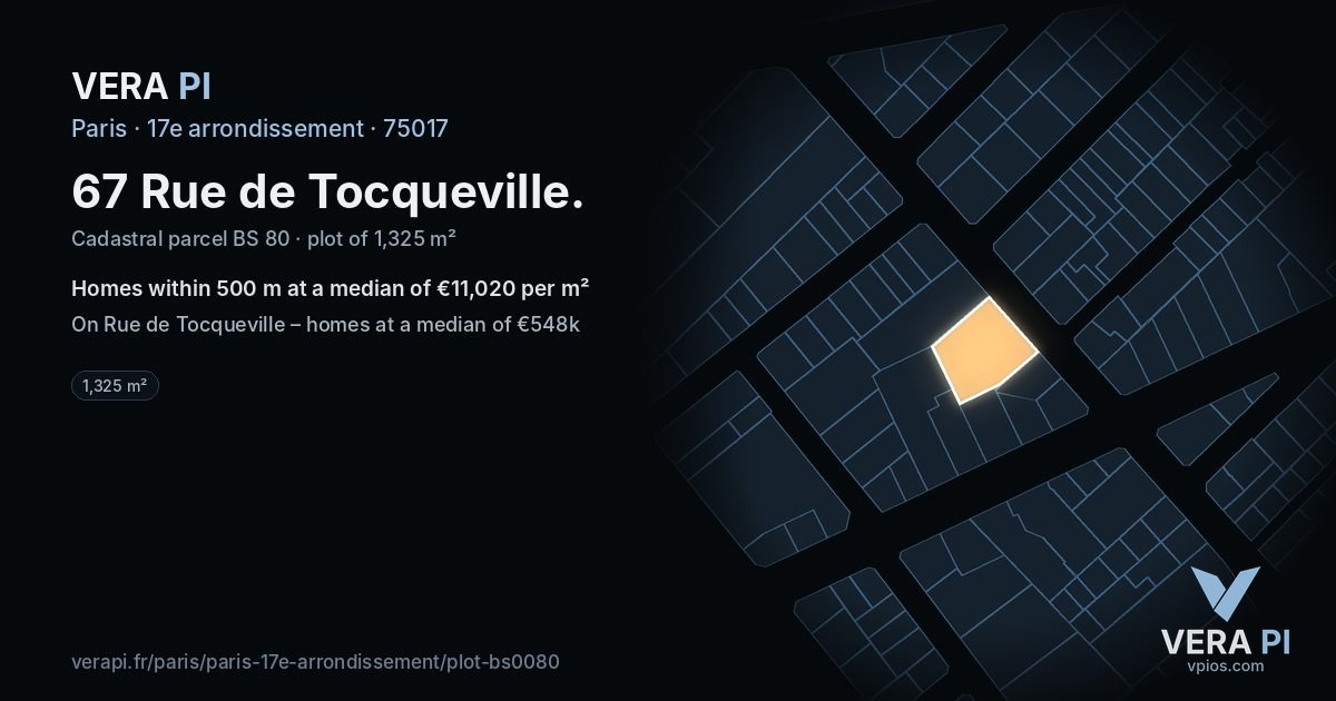 67 Rue de Tocqueville, 17e arrondissement at night – the plot lit, the parcels around coloured by the prices near them