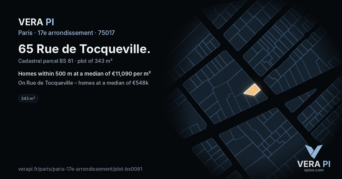 65 Rue de Tocqueville, 17e arrondissement at night – the plot lit, the parcels around coloured by the prices near them