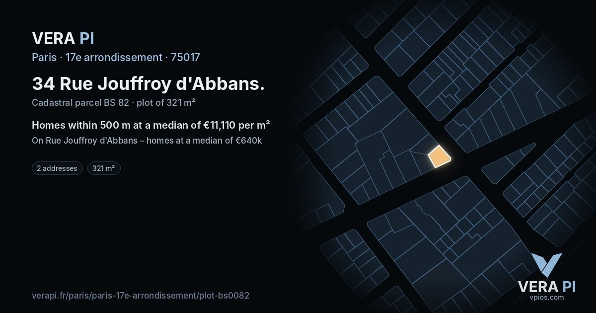 34 Rue Jouffroy d'Abbans, 17e arrondissement at night – the plot lit, the parcels around coloured by the prices near them