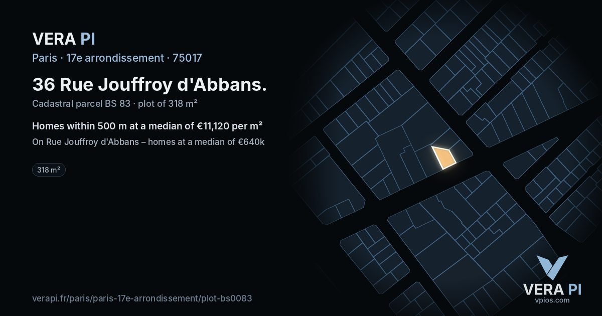 36 Rue Jouffroy d'Abbans, 17e arrondissement at night – the plot lit, the parcels around coloured by the prices near them