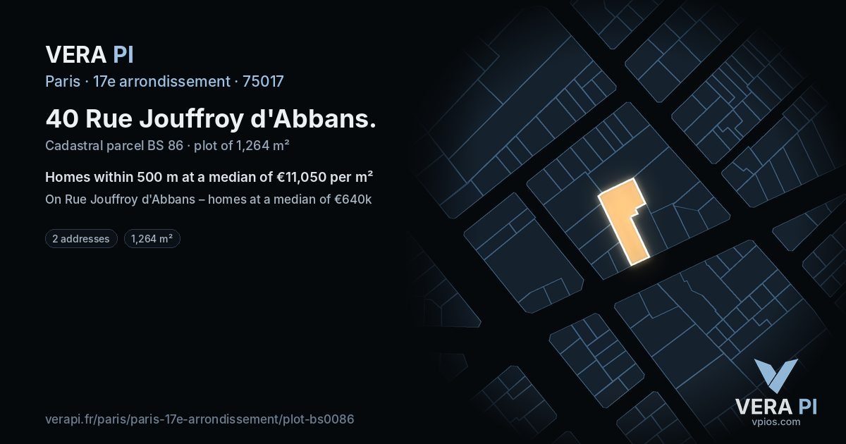 40 Rue Jouffroy d'Abbans, 17e arrondissement at night – the plot lit, the parcels around coloured by the prices near them