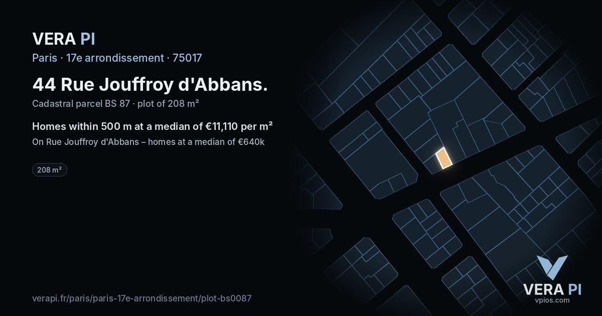 44 Rue Jouffroy d'Abbans, 17e arrondissement at night – the plot lit, the parcels around coloured by the prices near them