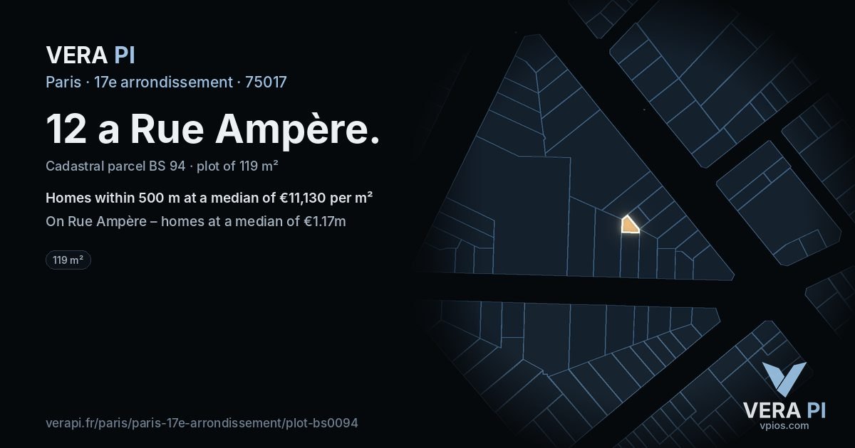 12 a Rue Ampère, 17e arrondissement at night – the plot lit, the parcels around coloured by the prices near them