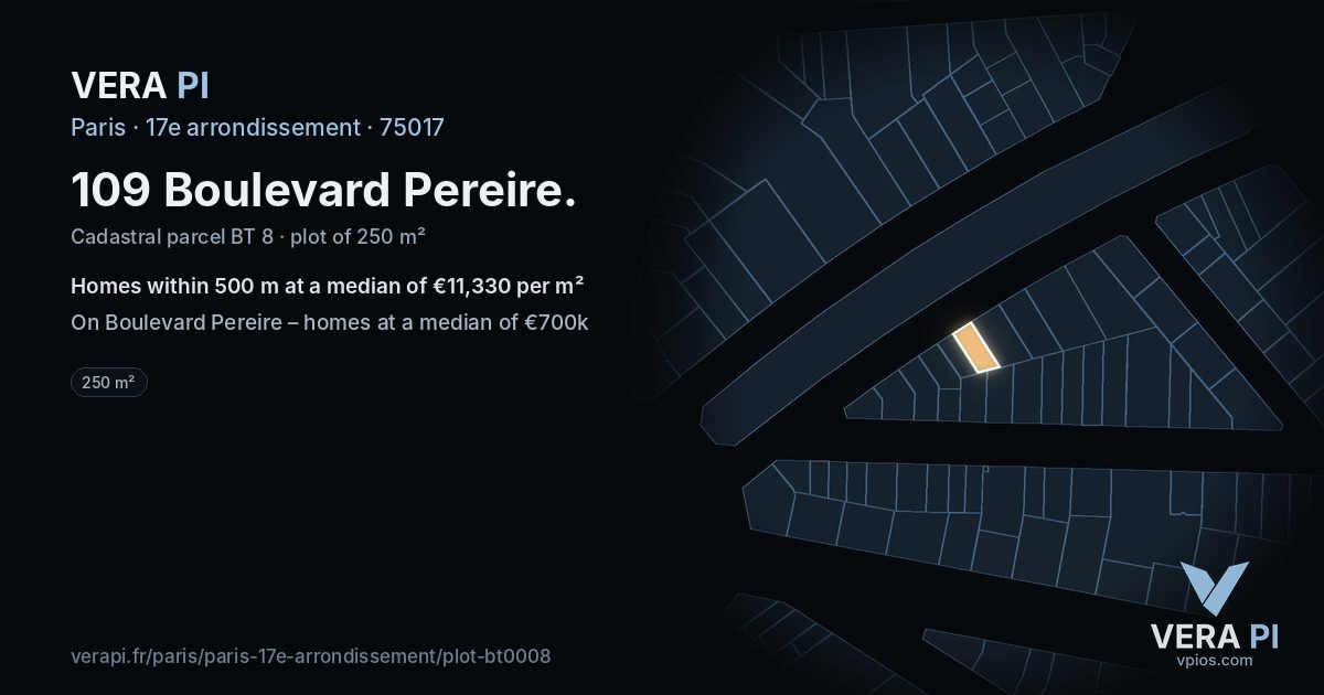 109 Boulevard Pereire, 17e arrondissement at night – the plot lit, the parcels around coloured by the prices near them