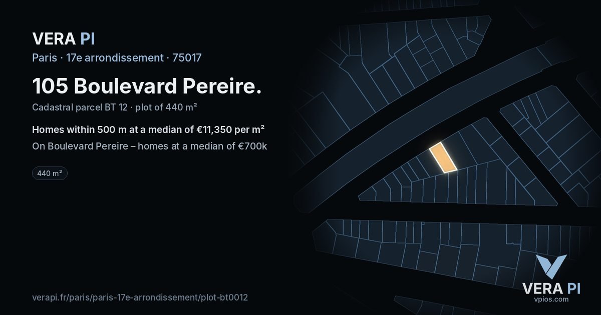 105 Boulevard Pereire, 17e arrondissement at night – the plot lit, the parcels around coloured by the prices near them