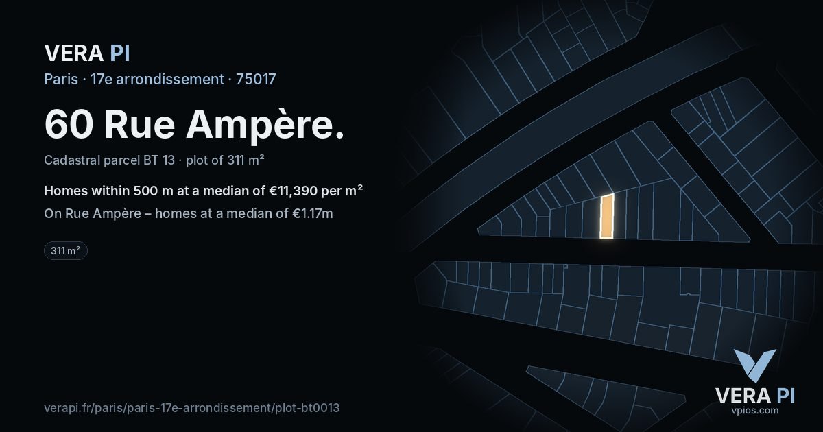 60 Rue Ampère, 17e arrondissement at night – the plot lit, the parcels around coloured by the prices near them