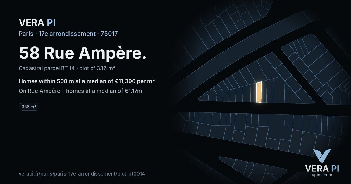58 Rue Ampère, 17e arrondissement at night – the plot lit, the parcels around coloured by the prices near them