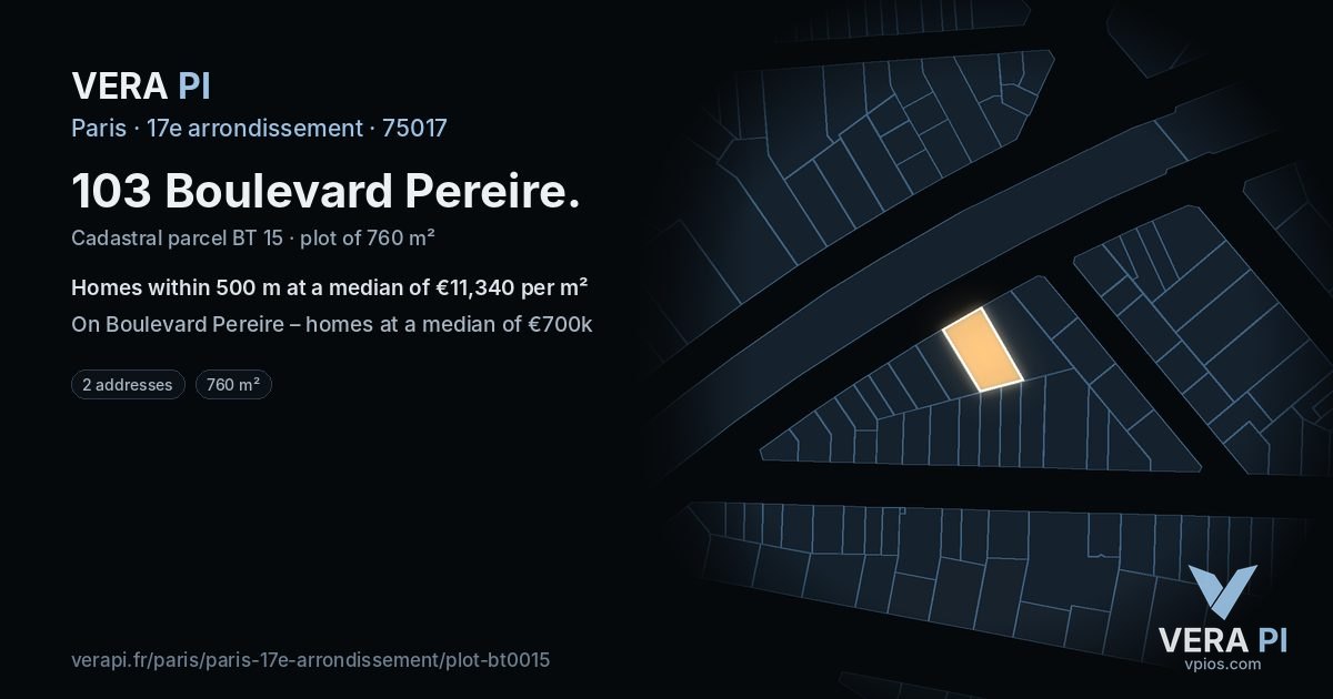 103 Boulevard Pereire, 17e arrondissement at night – the plot lit, the parcels around coloured by the prices near them
