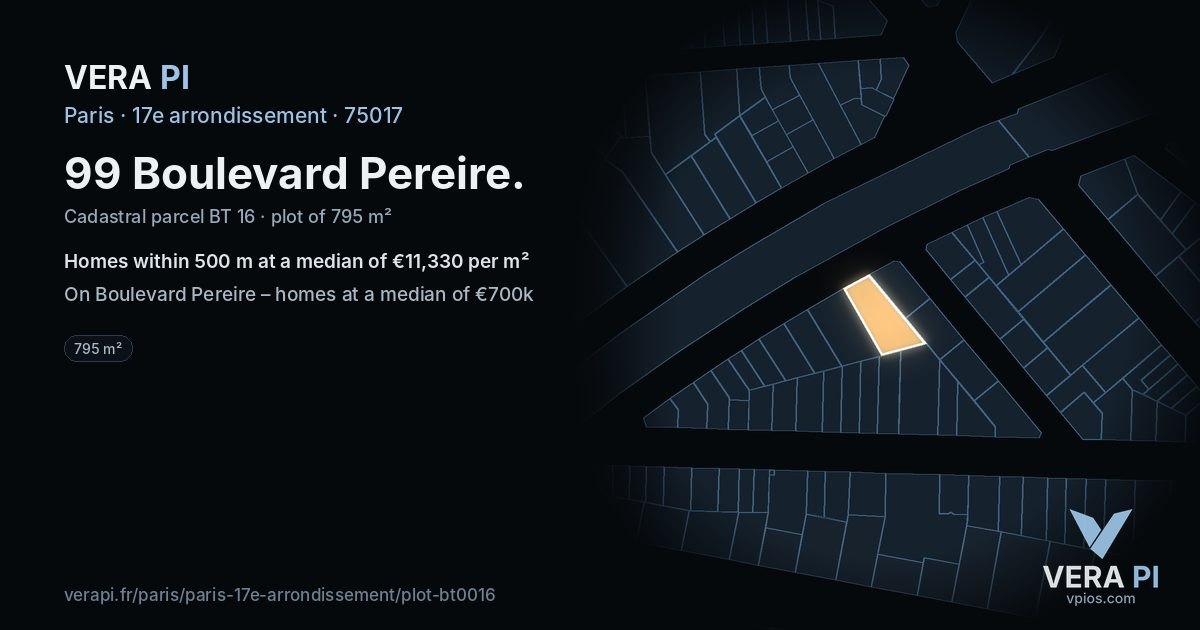 99 Boulevard Pereire, 17e arrondissement at night – the plot lit, the parcels around coloured by the prices near them