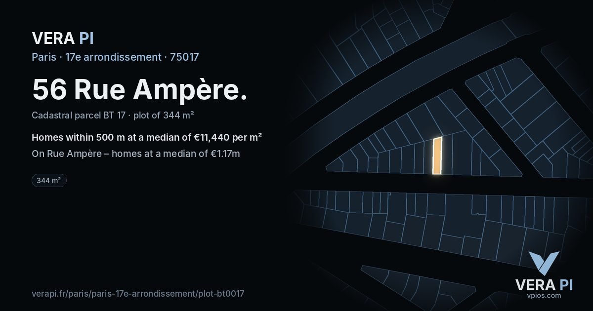 56 Rue Ampère, 17e arrondissement at night – the plot lit, the parcels around coloured by the prices near them