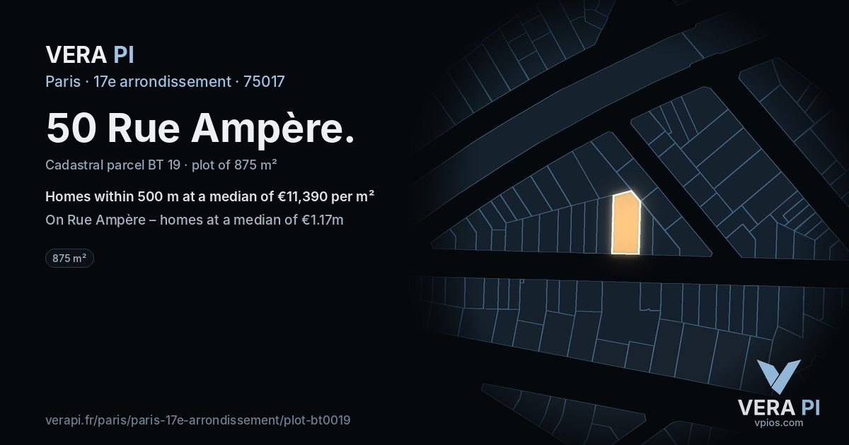 50 Rue Ampère, 17e arrondissement at night – the plot lit, the parcels around coloured by the prices near them