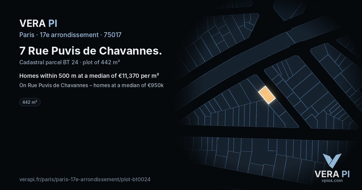 7 Rue Puvis de Chavannes, 17e arrondissement at night – the plot lit, the parcels around coloured by the prices near them
