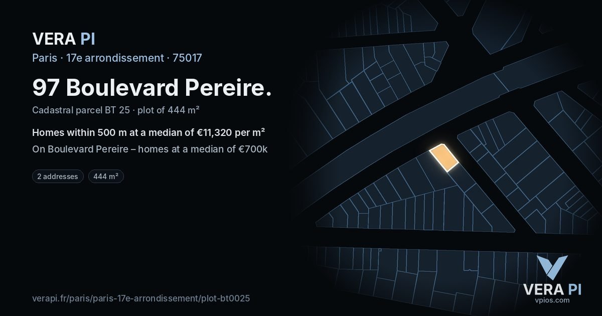97 Boulevard Pereire, 17e arrondissement at night – the plot lit, the parcels around coloured by the prices near them
