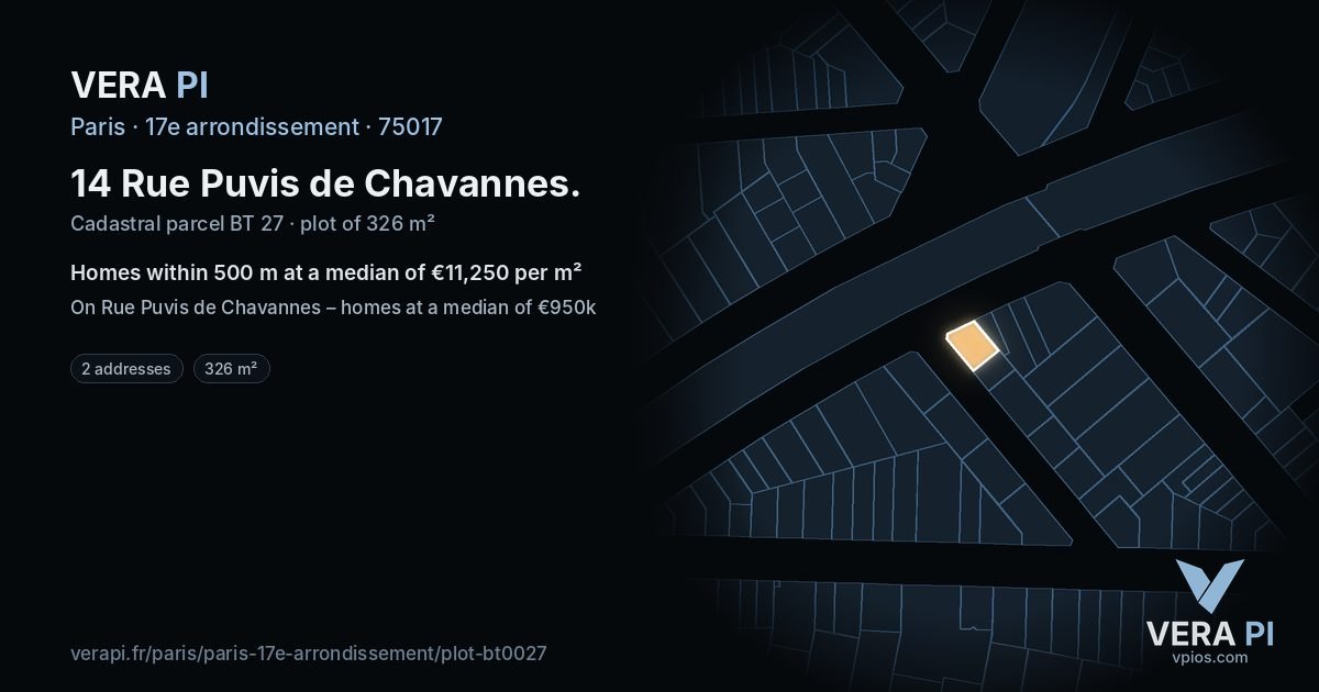 14 Rue Puvis de Chavannes, 17e arrondissement at night – the plot lit, the parcels around coloured by the prices near them