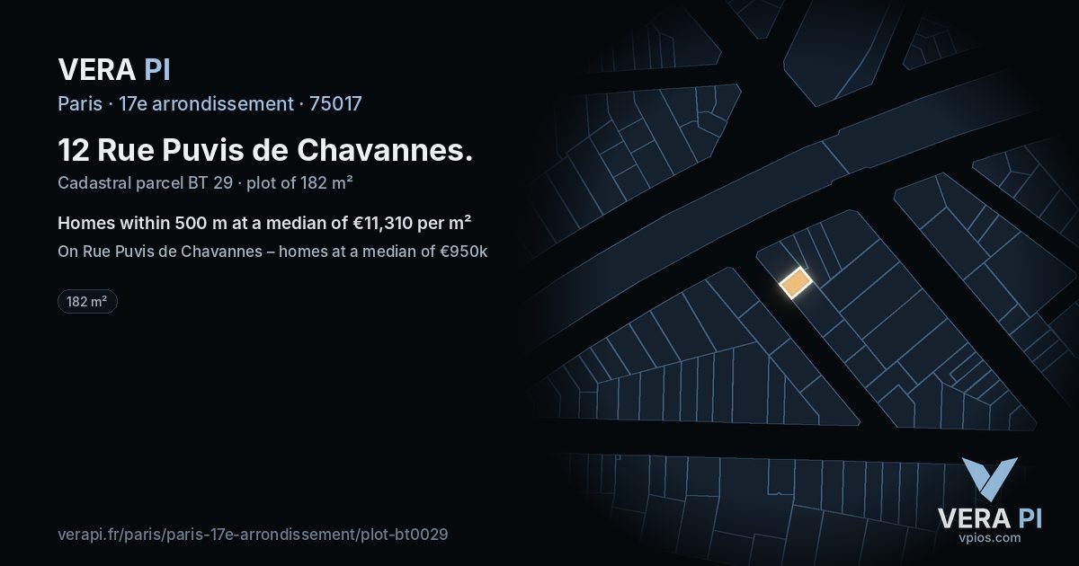 12 Rue Puvis de Chavannes, 17e arrondissement at night – the plot lit, the parcels around coloured by the prices near them