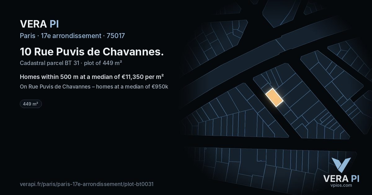 10 Rue Puvis de Chavannes, 17e arrondissement at night – the plot lit, the parcels around coloured by the prices near them