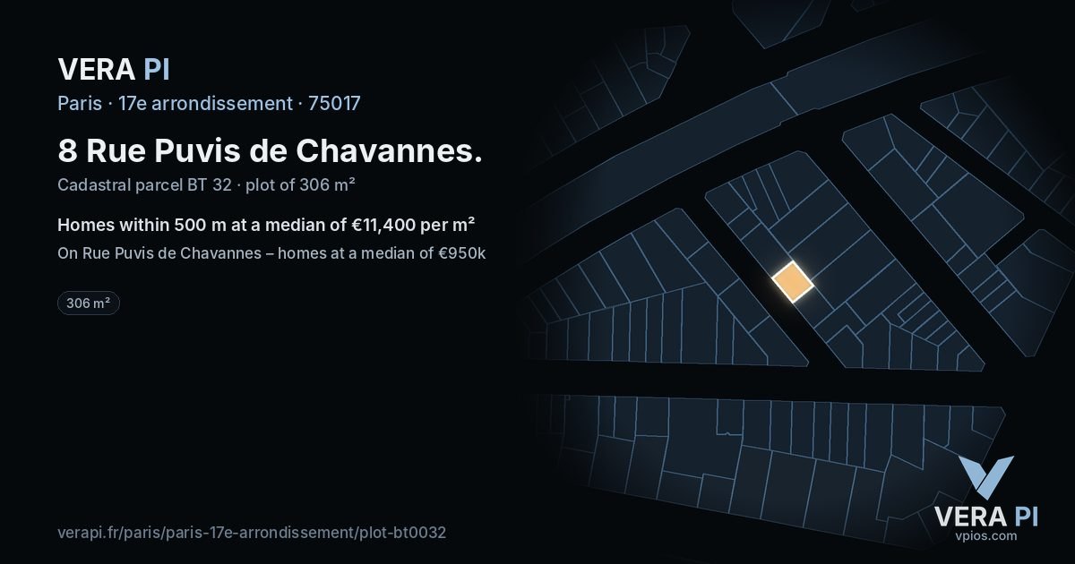 8 Rue Puvis de Chavannes, 17e arrondissement at night – the plot lit, the parcels around coloured by the prices near them
