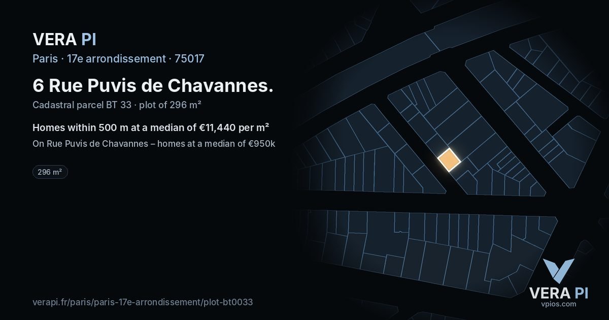 6 Rue Puvis de Chavannes, 17e arrondissement at night – the plot lit, the parcels around coloured by the prices near them