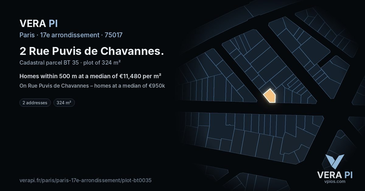 2 Rue Puvis de Chavannes, 17e arrondissement at night – the plot lit, the parcels around coloured by the prices near them